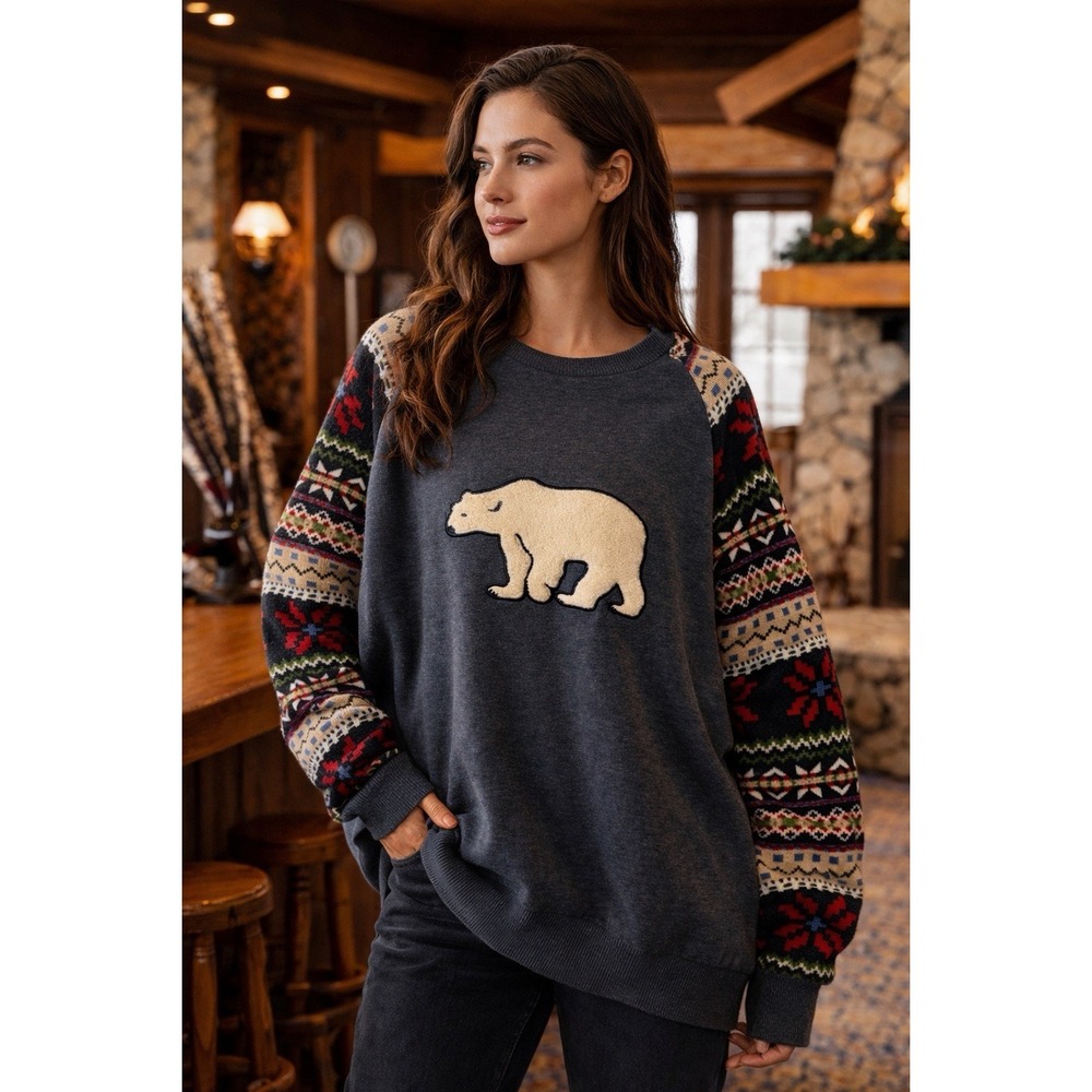 Aden Plus Spur Women's XL Oversized Gray Bear Fair Isle Sleeve Sweater